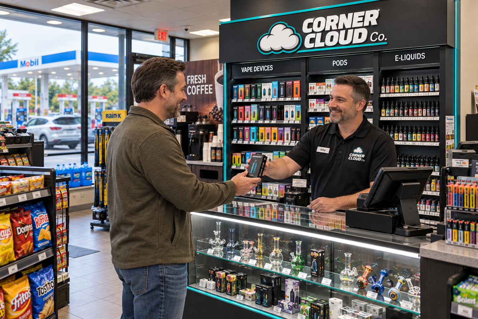 Concept visual: staff checkout with Corner Cloud branding