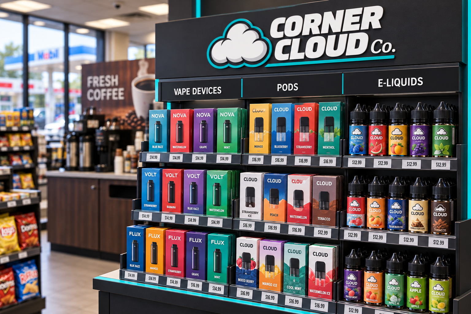 Concept visual: Corner Cloud branded display with vape pens