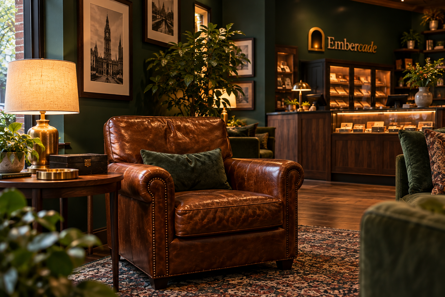 Embercade concept: leather seating corner with warm lighting