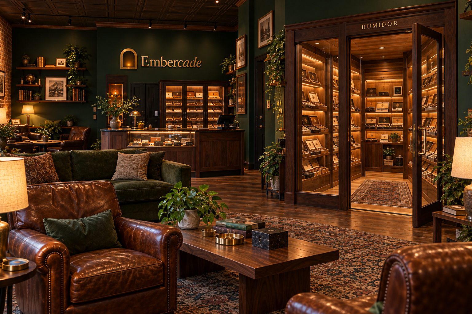 Embercade concept: glass-front cigar humidor beside the lounge