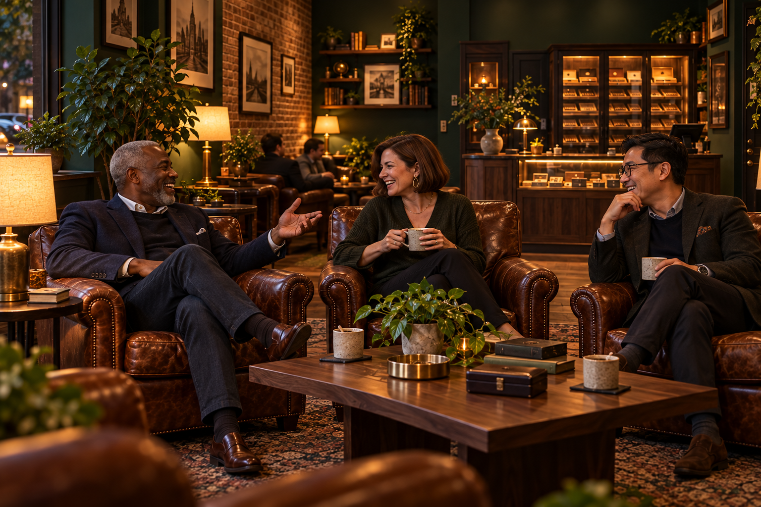 Embercade concept scene: the regulars’ table with fictional adult guests