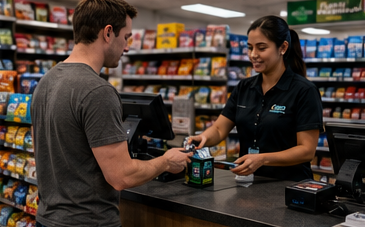 Concept visual: staff checkout with Corner Cloud branding
