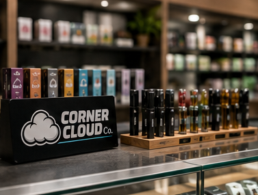 Concept visual: Corner Cloud branded display with vape pens